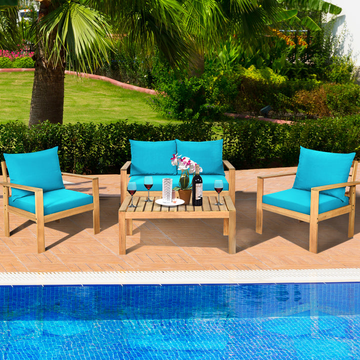 8PCS Patio Acacia Wood Conversation Furniture Set w/ Turquoise Cushions Image 3