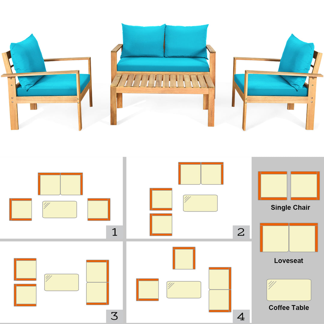 8PCS Patio Acacia Wood Conversation Furniture Set w/ Turquoise Cushions Image 4