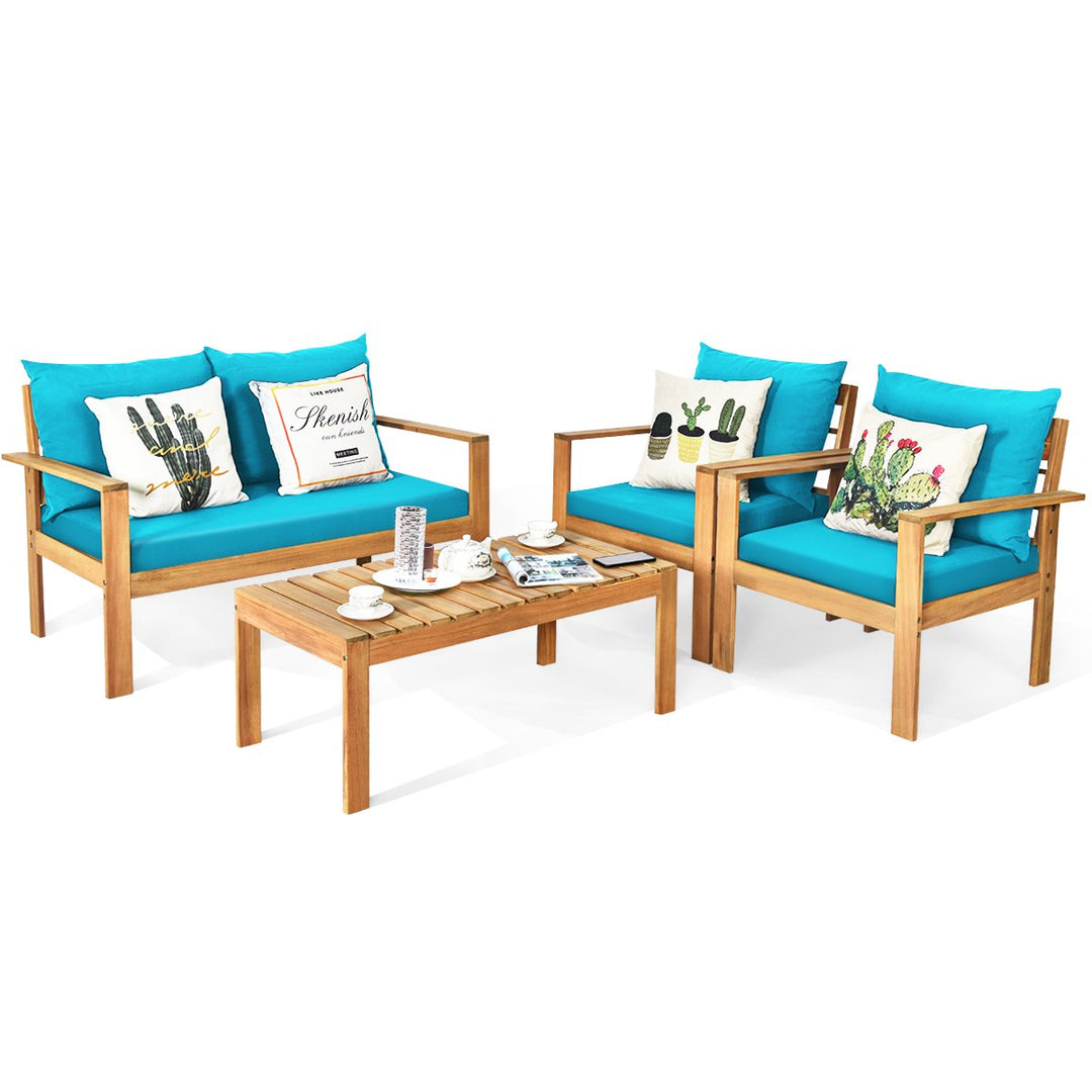 8PCS Patio Acacia Wood Conversation Furniture Set w/ Turquoise Cushions Image 6