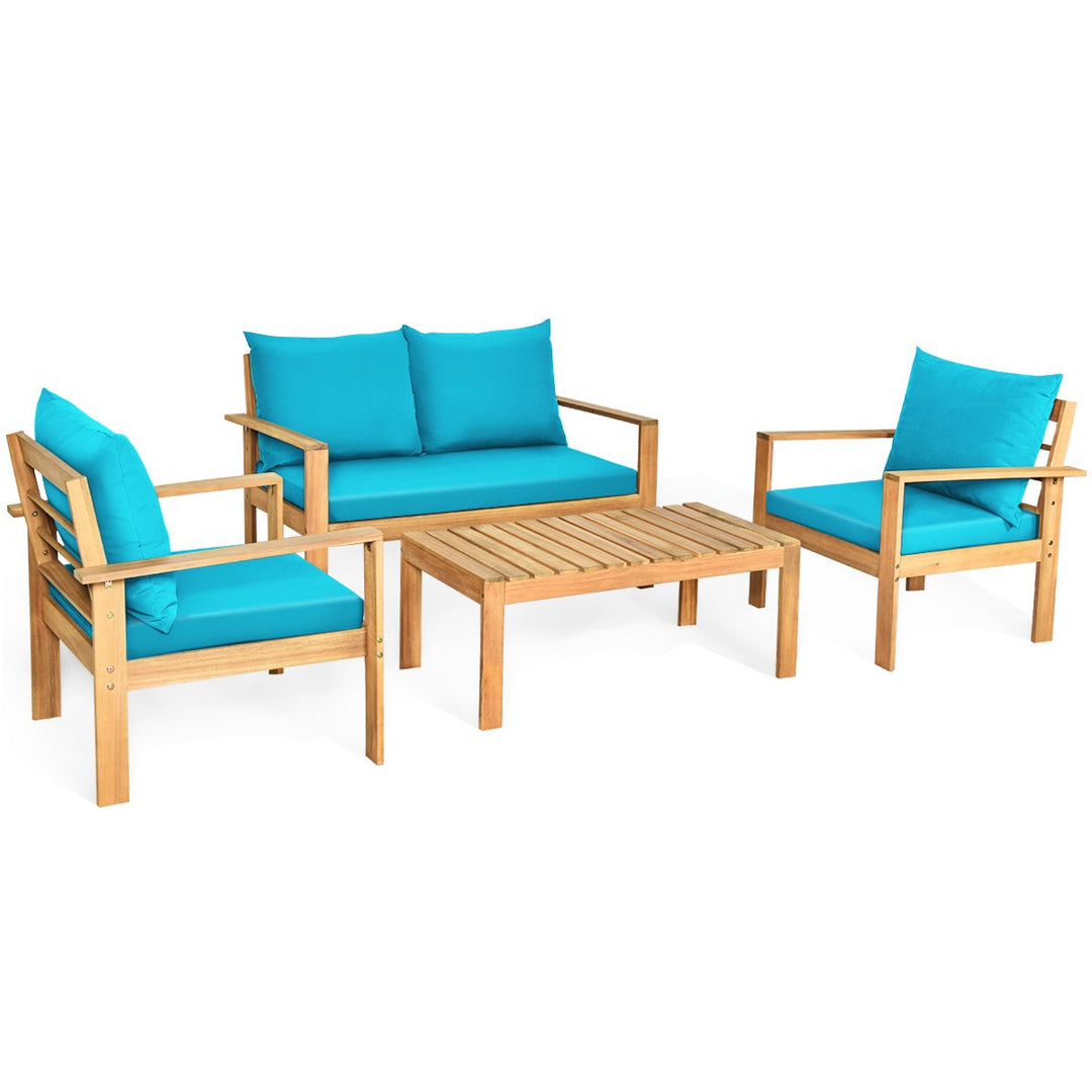 8PCS Patio Acacia Wood Conversation Furniture Set w/ Turquoise Cushions Image 7