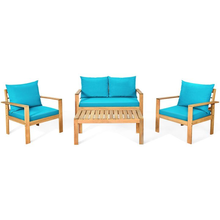 8PCS Patio Acacia Wood Conversation Furniture Set w/ Turquoise Cushions Image 8