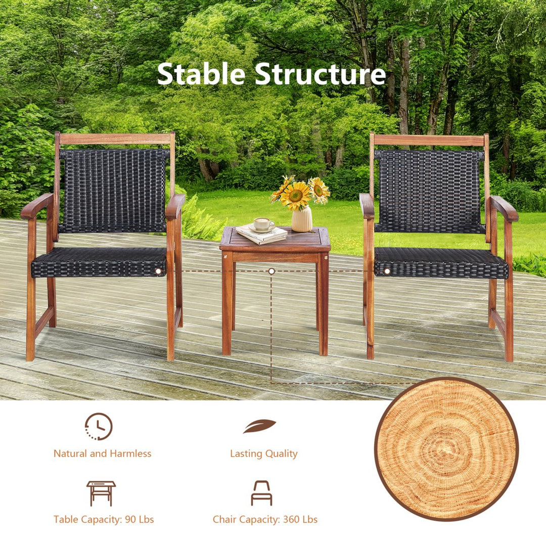 3PCS Patio Acacia Wood Rattan Bistro Set Outdoor Conversation Furniture Set Image 6