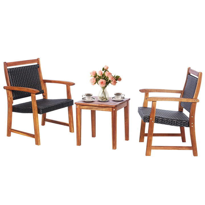 3PCS Patio Acacia Wood Rattan Bistro Set Outdoor Conversation Furniture Set Image 2