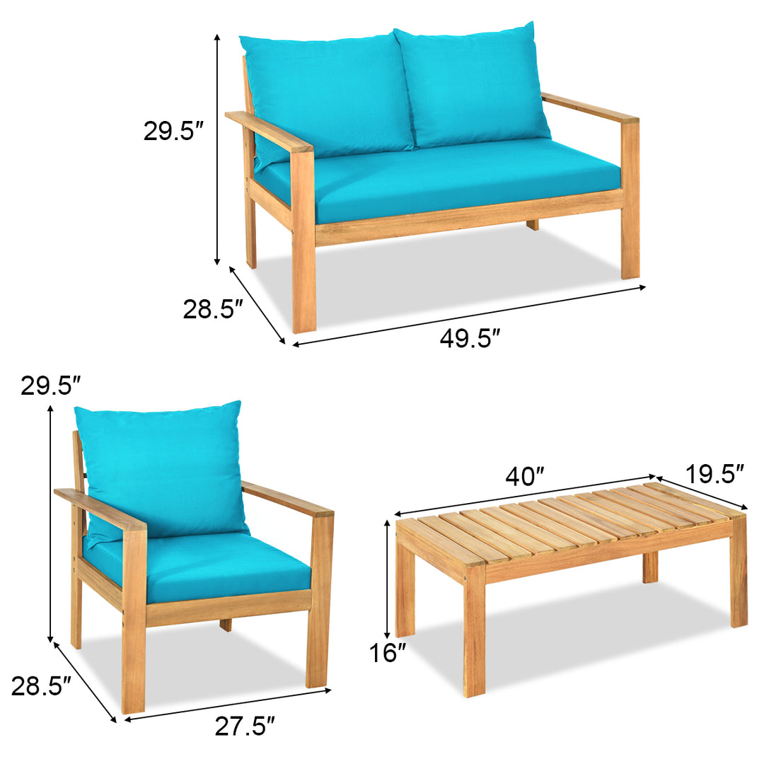 4PCS Patio Acacia Wood Conversation Furniture Set w/ Turquoise Cushions Image 3