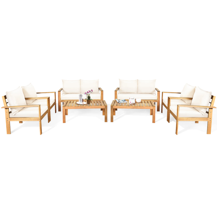 8PCS Patio Acacia Wood Conversation Furniture Set w/ Off White Cushions Image 1