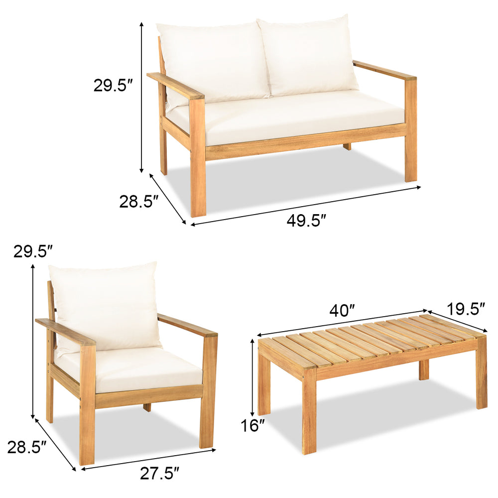 8PCS Patio Acacia Wood Conversation Furniture Set w/ Off White Cushions Image 2