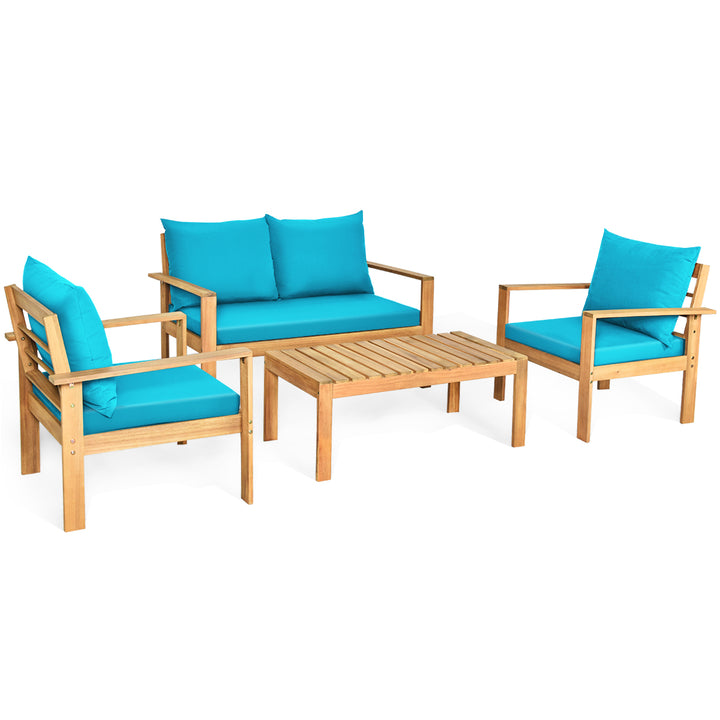 4PCS Patio Acacia Wood Conversation Furniture Set w/ Turquoise Cushions Image 2