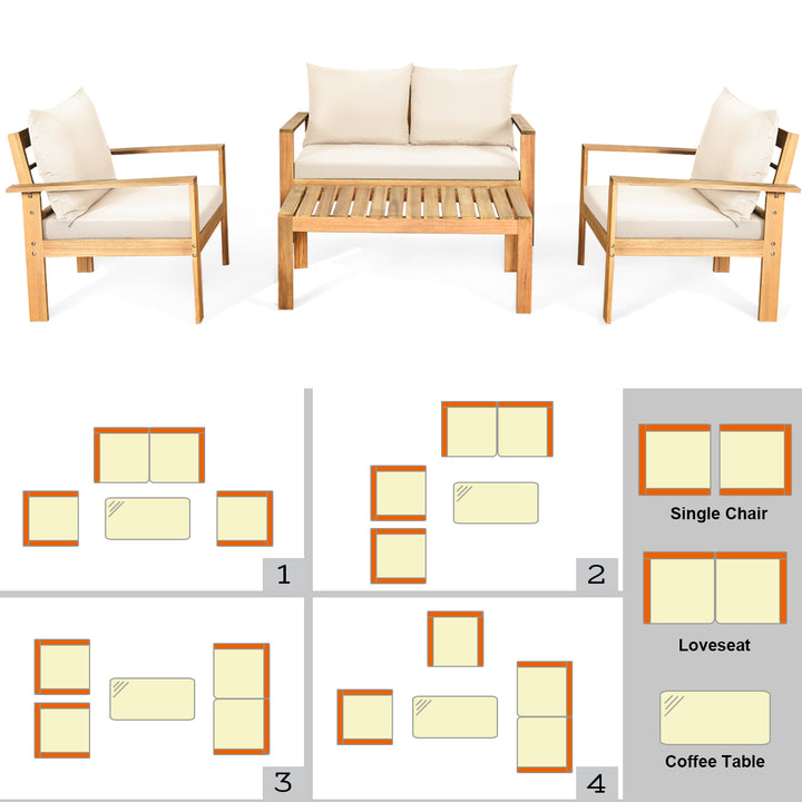 8PCS Patio Acacia Wood Conversation Furniture Set w/ Off White Cushions Image 4