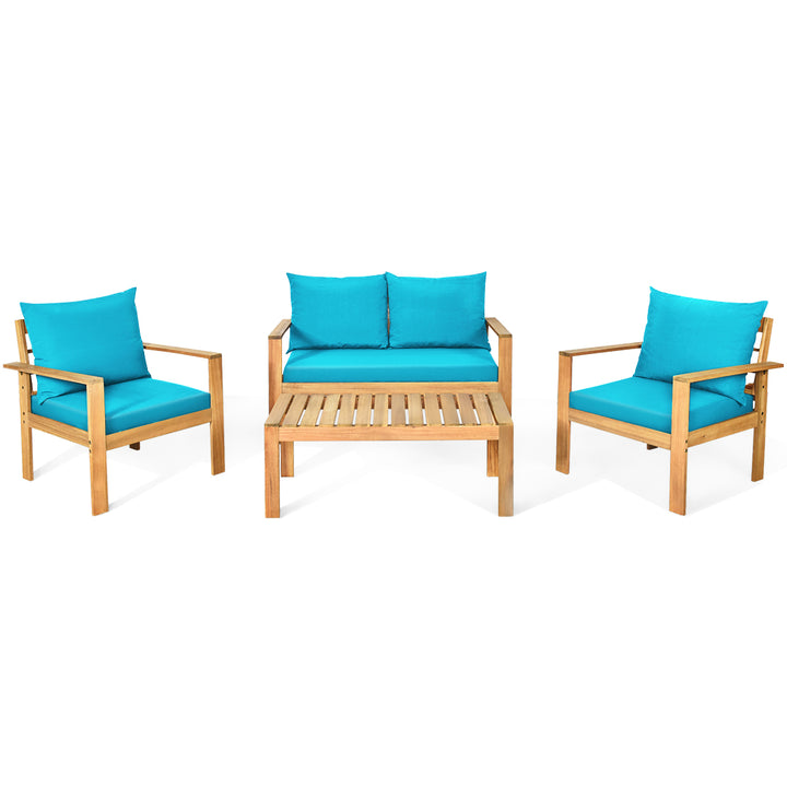 4PCS Patio Acacia Wood Conversation Furniture Set w/ Turquoise Cushions Image 7