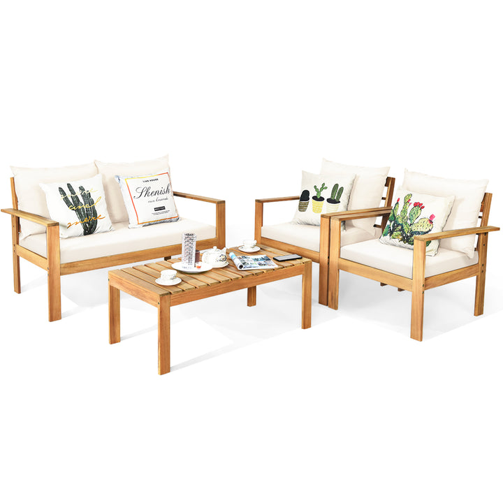 8PCS Patio Acacia Wood Conversation Furniture Set w/ Off White Cushions Image 6