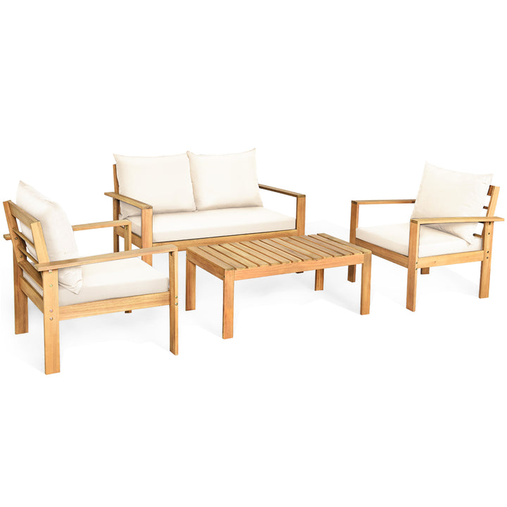 8PCS Patio Acacia Wood Conversation Furniture Set w/ Off White Cushions Image 7