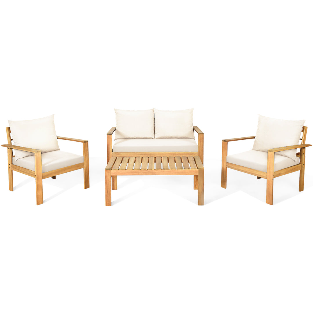 8PCS Patio Acacia Wood Conversation Furniture Set w/ Off White Cushions Image 8