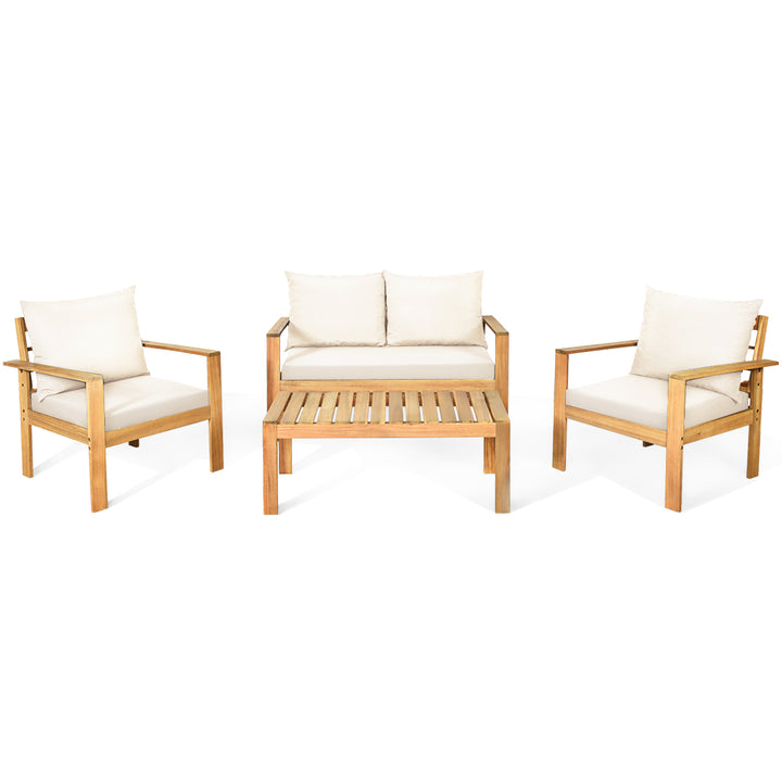 8PCS Patio Acacia Wood Conversation Furniture Set w/ Off White Cushions Image 8