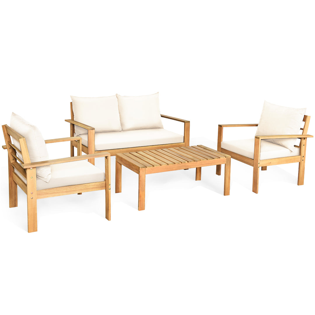 4PCS Patio Acacia Wood Conversation Furniture Set w/ Off White Cushions Image 2