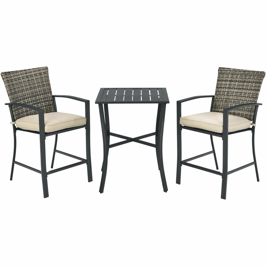 3PCS Patio Metal Bar Set Outdoor Conversation Furniture Set w/ Cushions Image 4