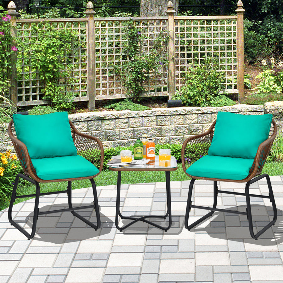 3PCS Outdoor Bistro Set Patio Conversation Furniture Set w/ Turquoise Cushions Image 1