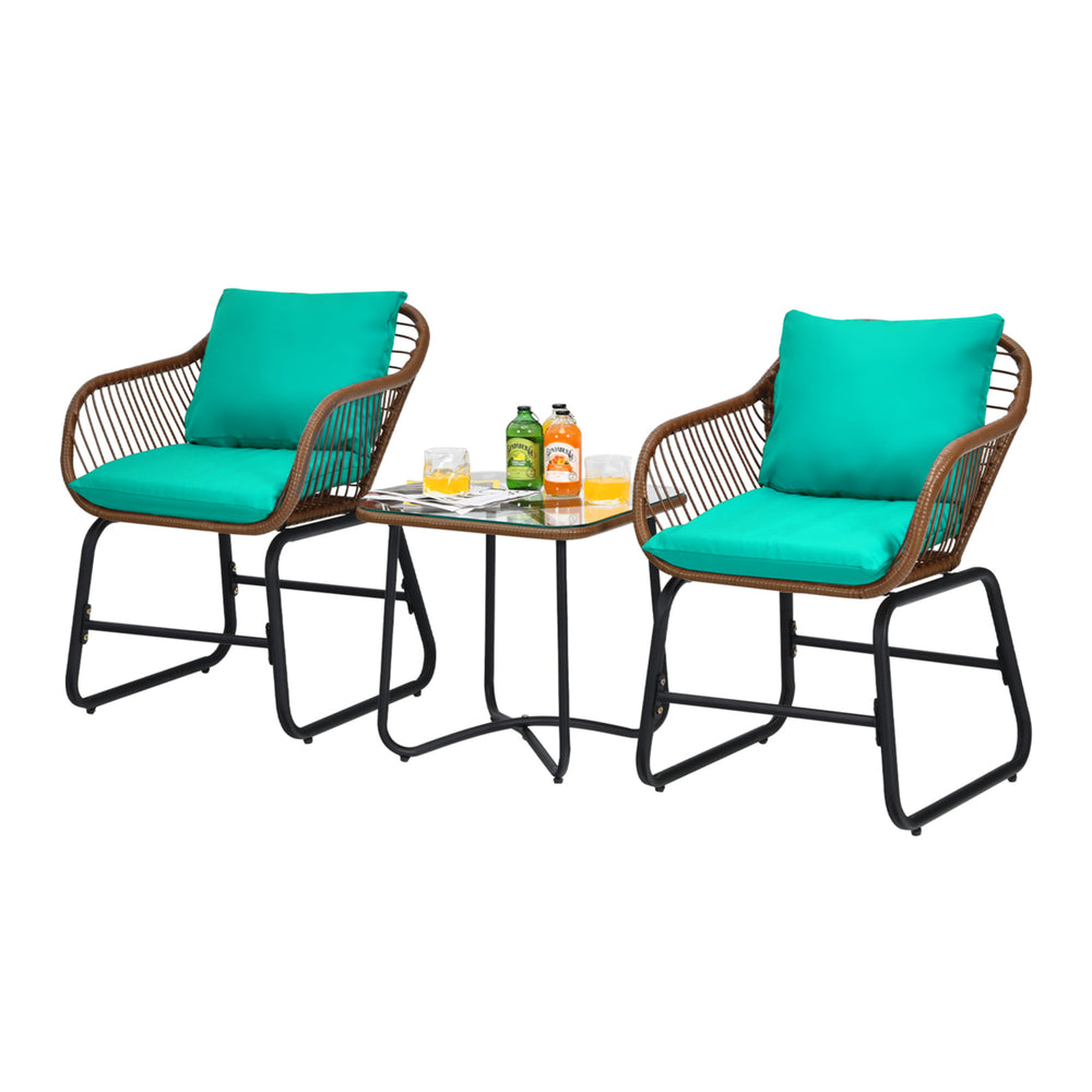 3PCS Outdoor Bistro Set Patio Conversation Furniture Set w/ Turquoise Cushions Image 2