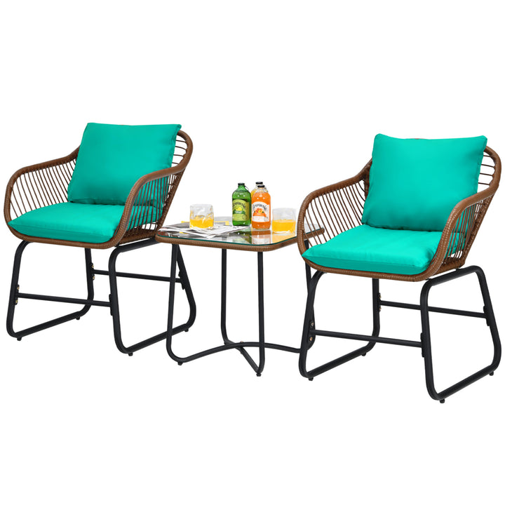 3PCS Outdoor Bistro Set Patio Conversation Furniture Set w/ Turquoise Cushions Image 9