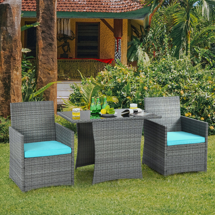 3PCS Outdoor Rattan Conversation Set Patio Dining Table Set w/ Turquoise Cushions Image 10