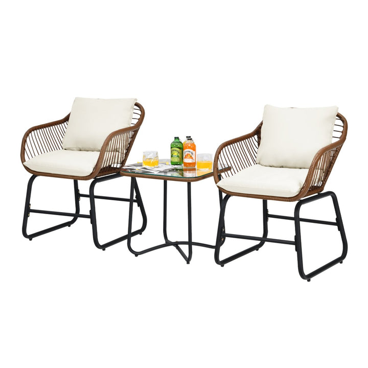 3PCS Outdoor Bistro Set Patio Conversation Furniture Set w/ White Cushions Image 2