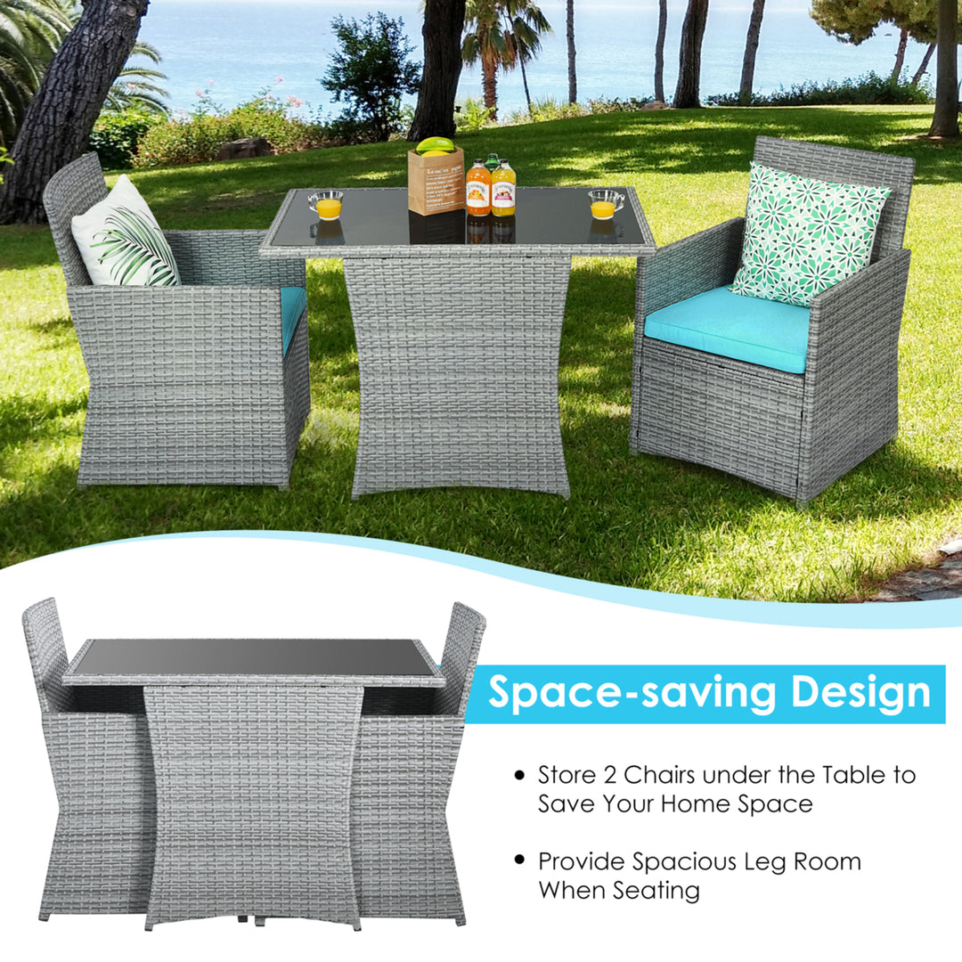 3PCS Outdoor Rattan Conversation Set Patio Dining Table Set w/ Turquoise Cushions Image 5