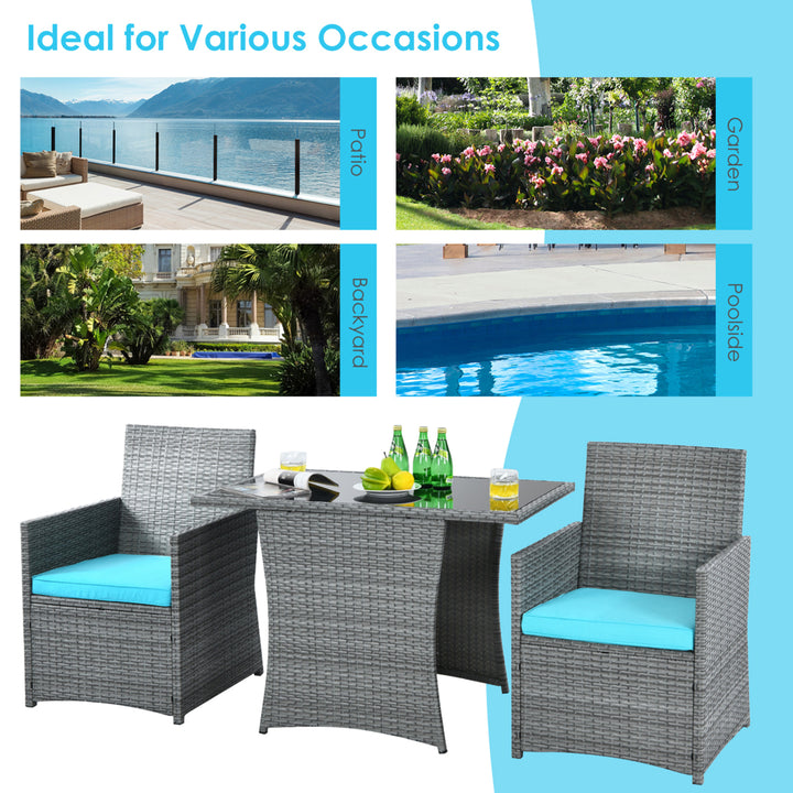 3PCS Outdoor Rattan Conversation Set Patio Dining Table Set w/ Turquoise Cushions Image 6