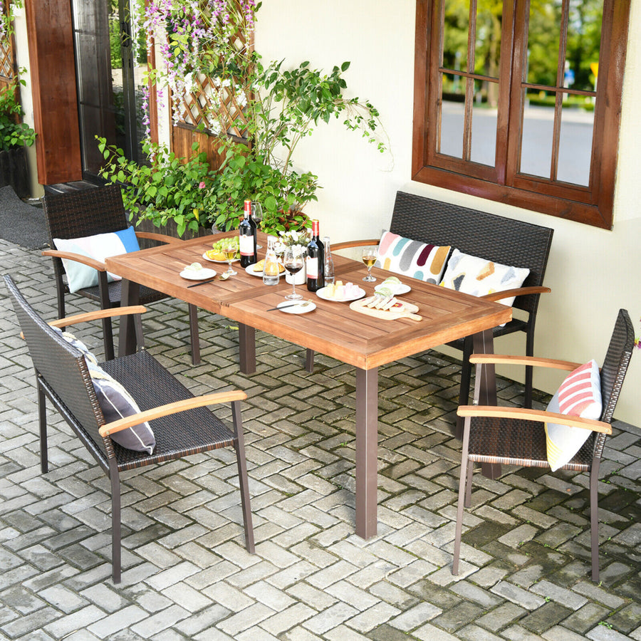 5PCS Patio Rattan Dining Set Acacia Wood Tabletop Stackable Chair Bench Image 1