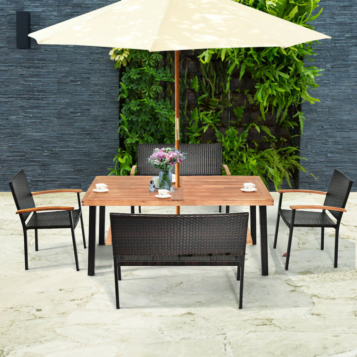 5PCS Patio Rattan Dining Set Acacia Wood Tabletop Stackable Chair Bench Image 3