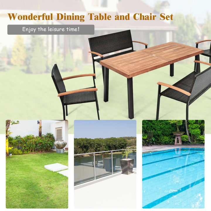 5PCS Patio Rattan Dining Set Acacia Wood Tabletop Stackable Chair Bench Image 4