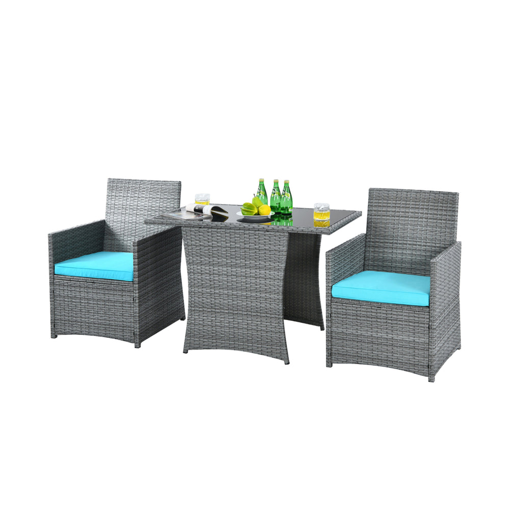 3PCS Outdoor Rattan Conversation Set Patio Dining Table Set w/ Turquoise Cushions Image 2