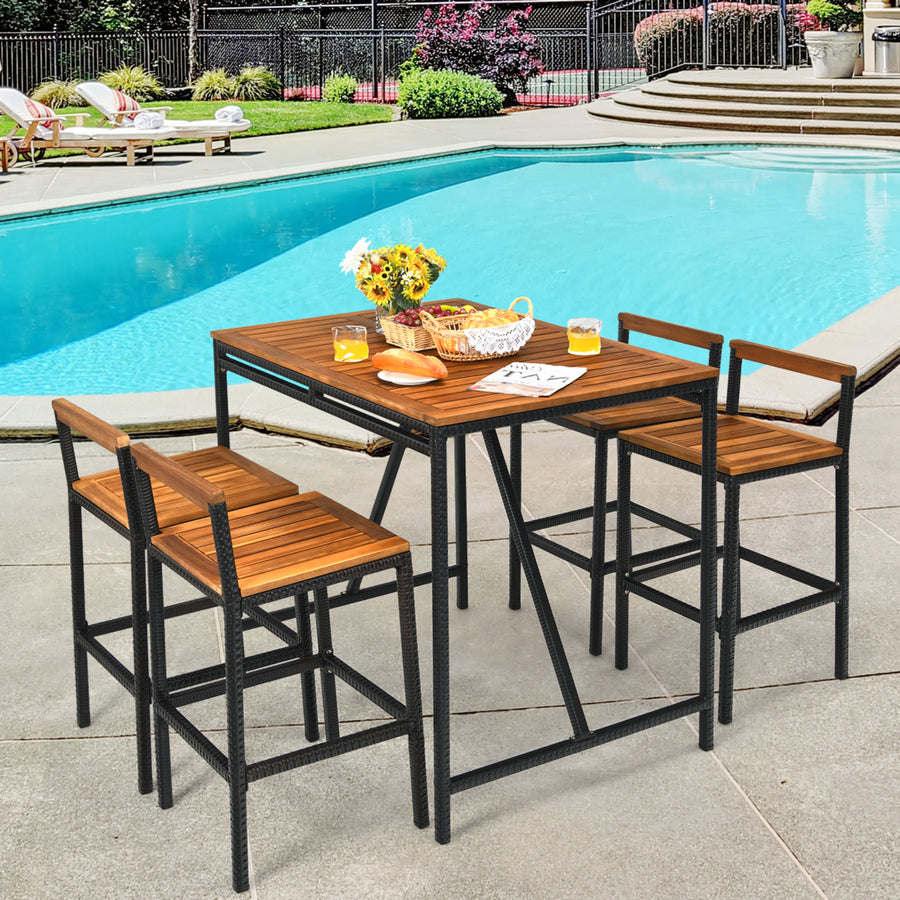 5PCS Patio Bar Table Set PE Rattan High-Dining Bistro Set w/ Acacia Wood Top Image 1