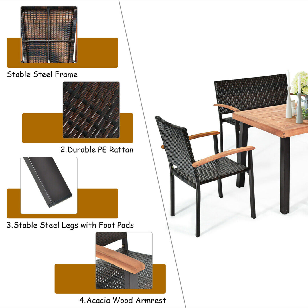 5PCS Patio Rattan Dining Set Acacia Wood Tabletop Stackable Chair Bench Image 8