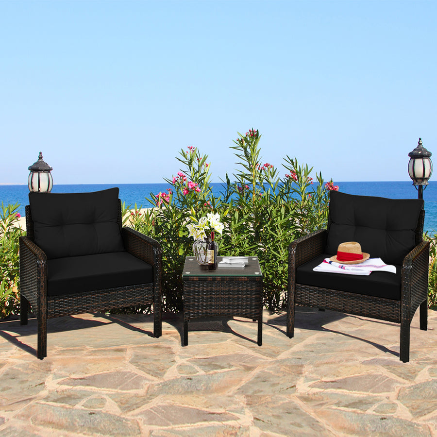 3PCS Rattan Patio Conversation Furniture Set Yard Outdoor w/ Black Cushions Image 1