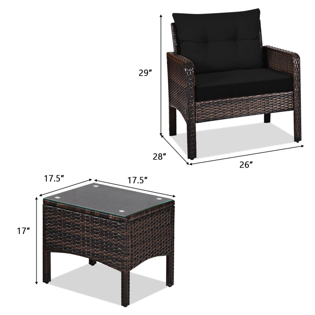 3PCS Rattan Patio Conversation Furniture Set Yard Outdoor w/ Black Cushions Image 3