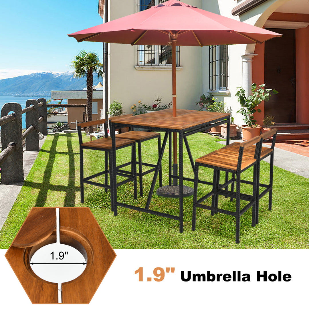 5PCS Patio Bar Table Set PE Rattan High-Dining Bistro Set w/ Acacia Wood Top Image 4