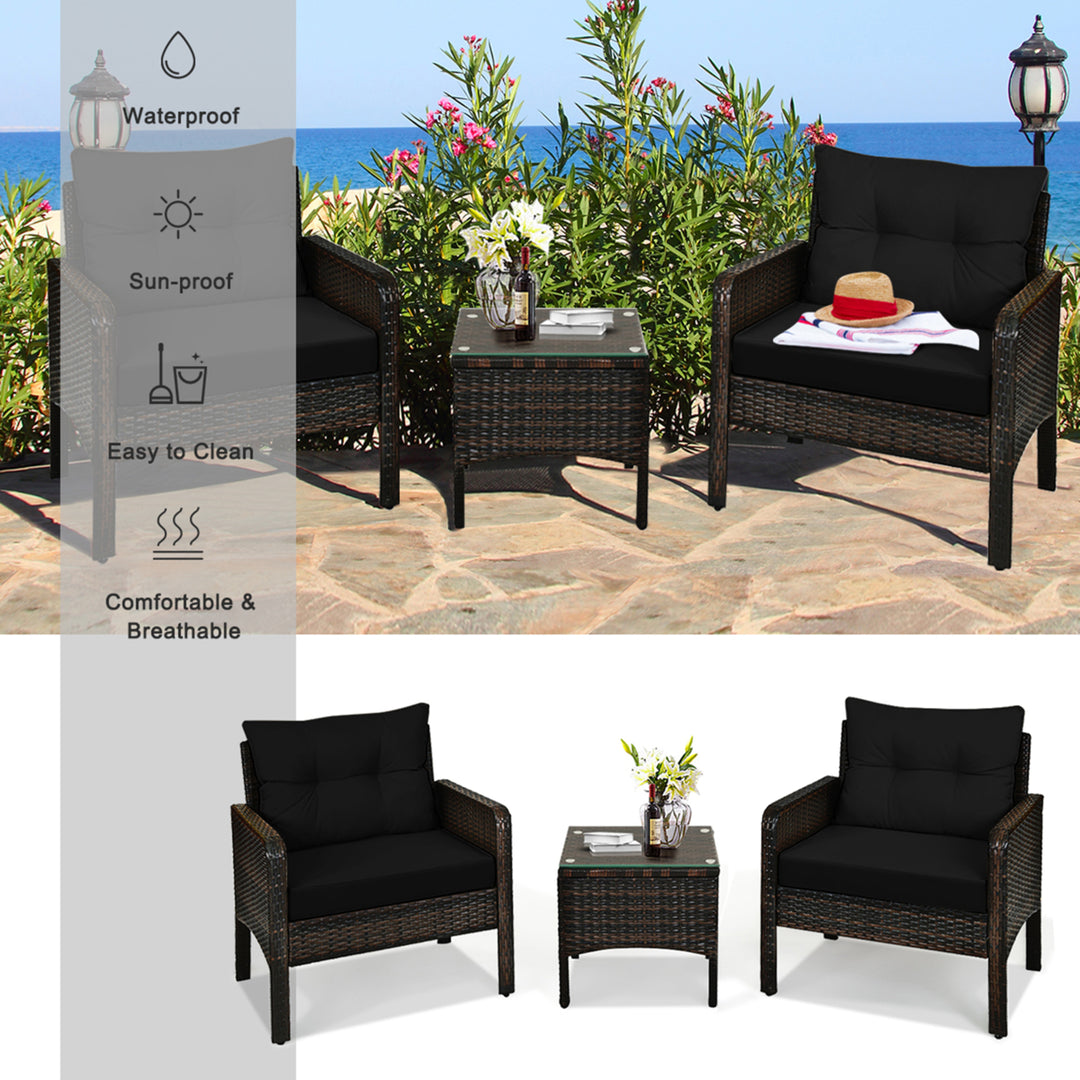 3PCS Rattan Patio Conversation Furniture Set Yard Outdoor w/ Black Cushions Image 4