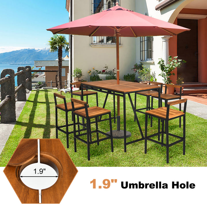 7PCS Outdoor Acacia Wood Dining Set PE Rattan Patio Bar Set w/ Umbrella Hole Image 3