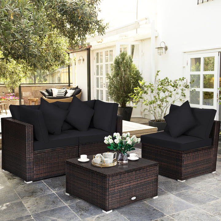 4PCS Rattan Patio Conversation Furniture Set Yard Outdoor w/ Black Cushion Image 1