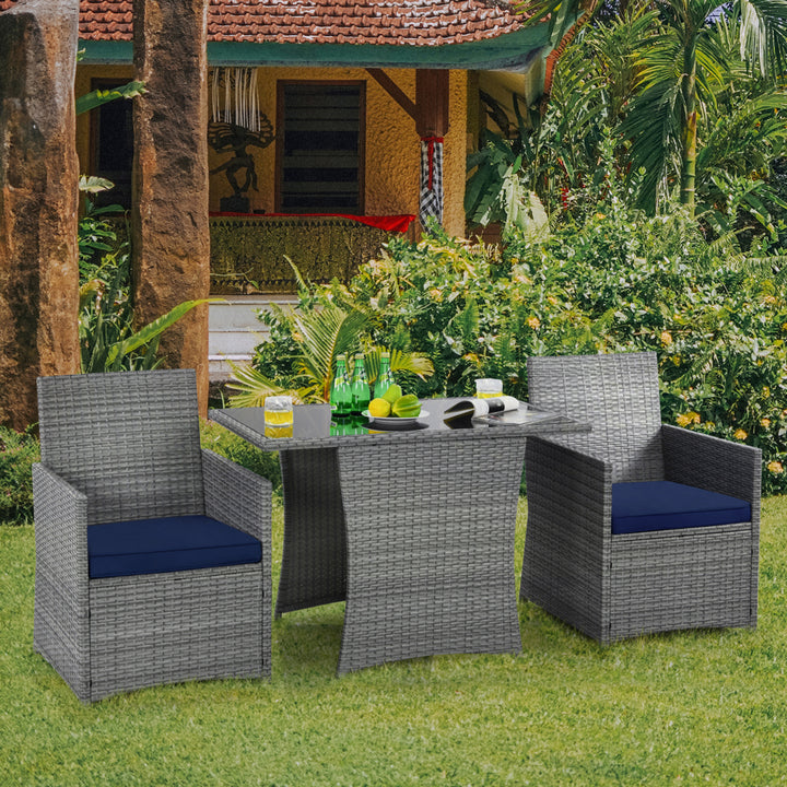 3PCS Outdoor Rattan Conversation Set Patio Dining Table Set w/ Navy Cushions Image 10