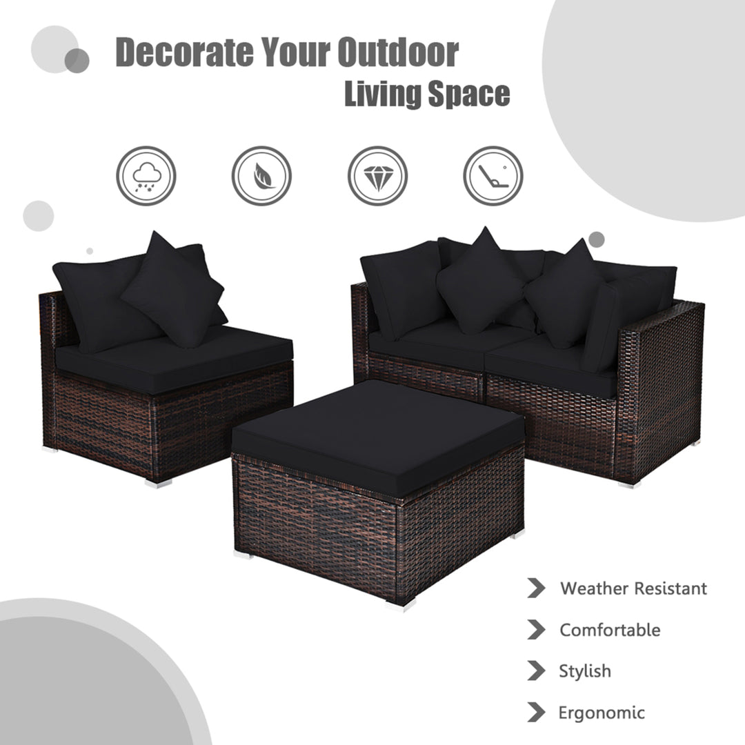 4PCS Rattan Patio Conversation Furniture Set Yard Outdoor w/ Black Cushion Image 5