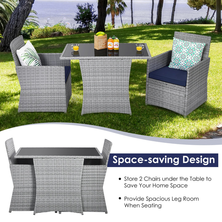 3PCS Outdoor Rattan Conversation Set Patio Dining Table Set w/ Navy Cushions Image 5