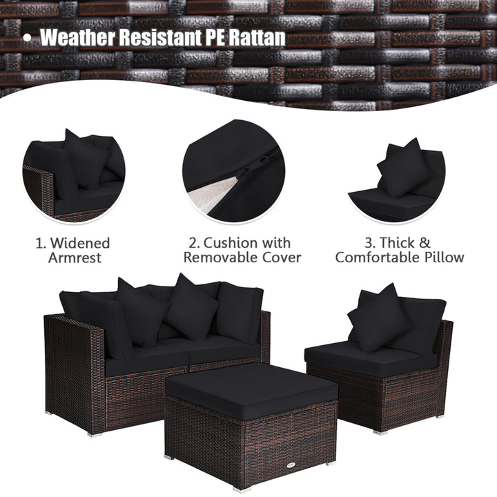 4PCS Rattan Patio Conversation Furniture Set Yard Outdoor w/ Black Cushion Image 7