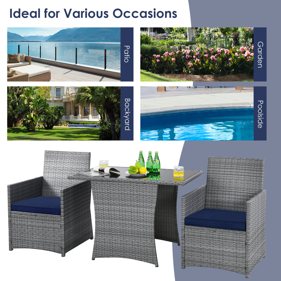 3PCS Outdoor Rattan Conversation Set Patio Dining Table Set w/ Navy Cushions Image 6