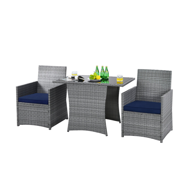 3PCS Outdoor Rattan Conversation Set Patio Dining Table Set w/ Navy Cushions Image 2