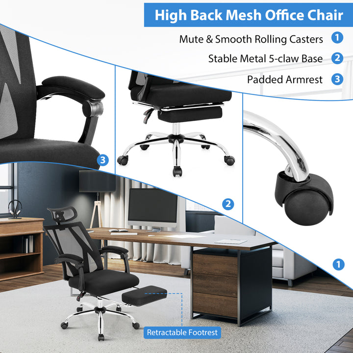 High Back Office Chair Mesh Reclining Executive Chair w/ Retractable Footrest Image 9