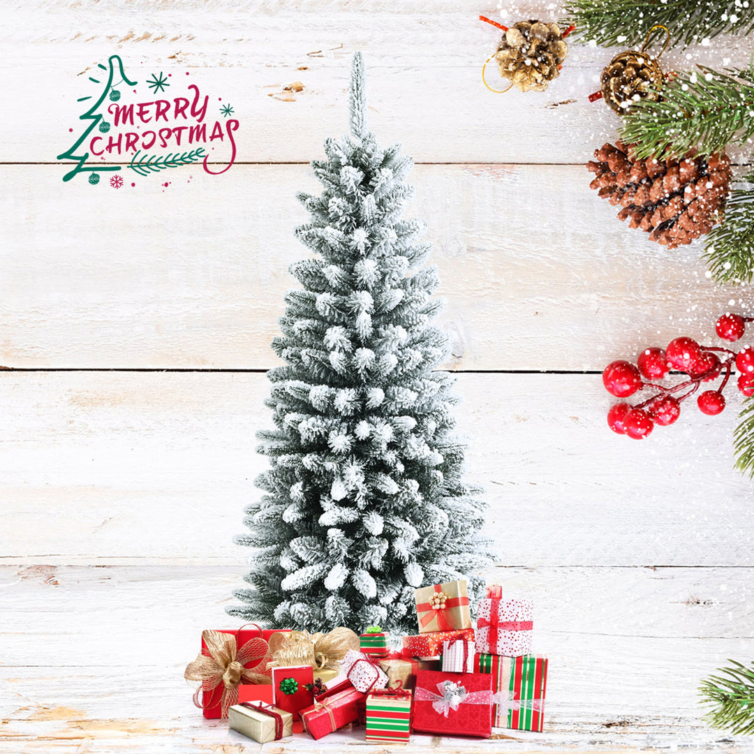 4.5/6.5/7.5 FT Artificial Slim Christmas Tree Unlit Snow-Flocked Xmas Pencil Tree Image 4