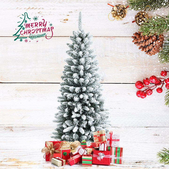 4.5/6.5/7.5 FT Artificial Slim Christmas Tree Unlit Snow-Flocked Xmas Pencil Tree Image 1