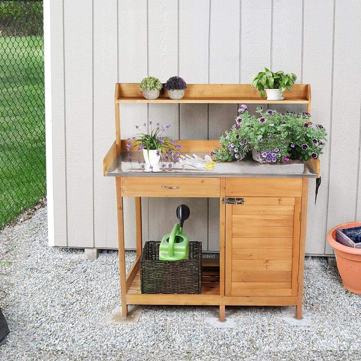 Outdoor Garden Potting Bench Table Work Bench Metal Tabletop W/Cabinet Drawer Open Shelf Natural Wood Image 1