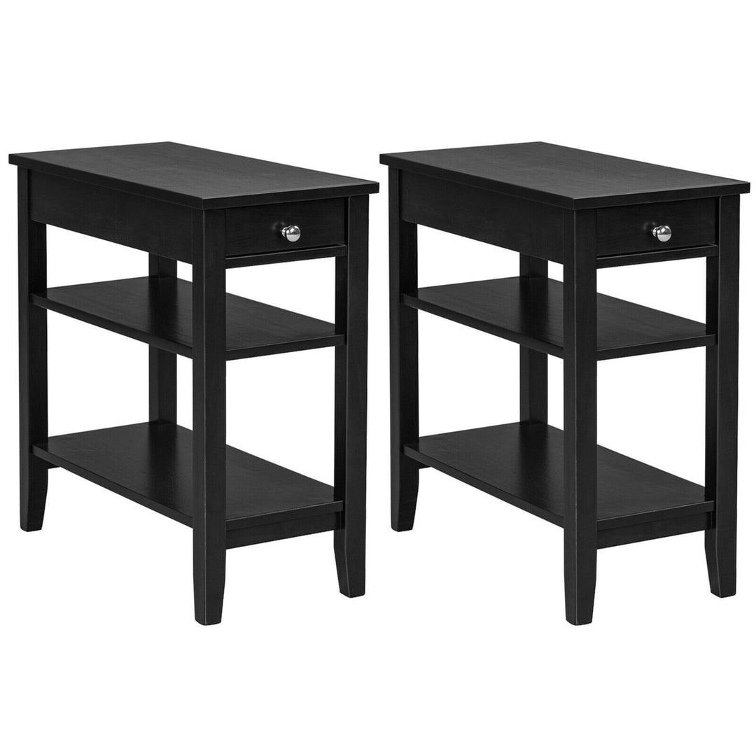 2PCS 3-Tier End Table Sofa Side Table Nightstand w/ Shelf and Drawer Image 1