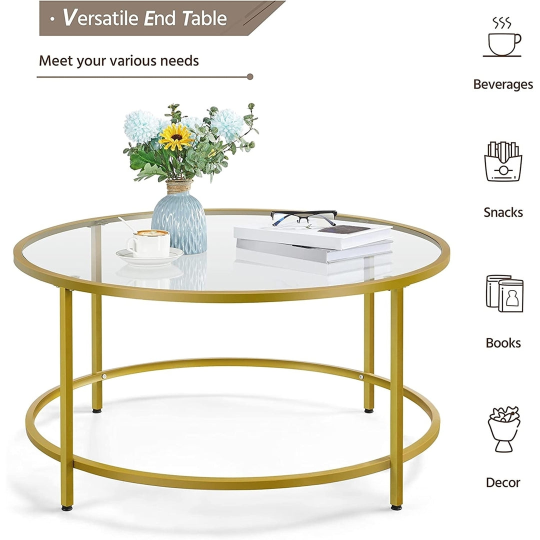 36in Round Glass-Top Coffee Table,Mustard Gold Modern Accent Side Sofa Table w/Protective Foot Pads Image 1